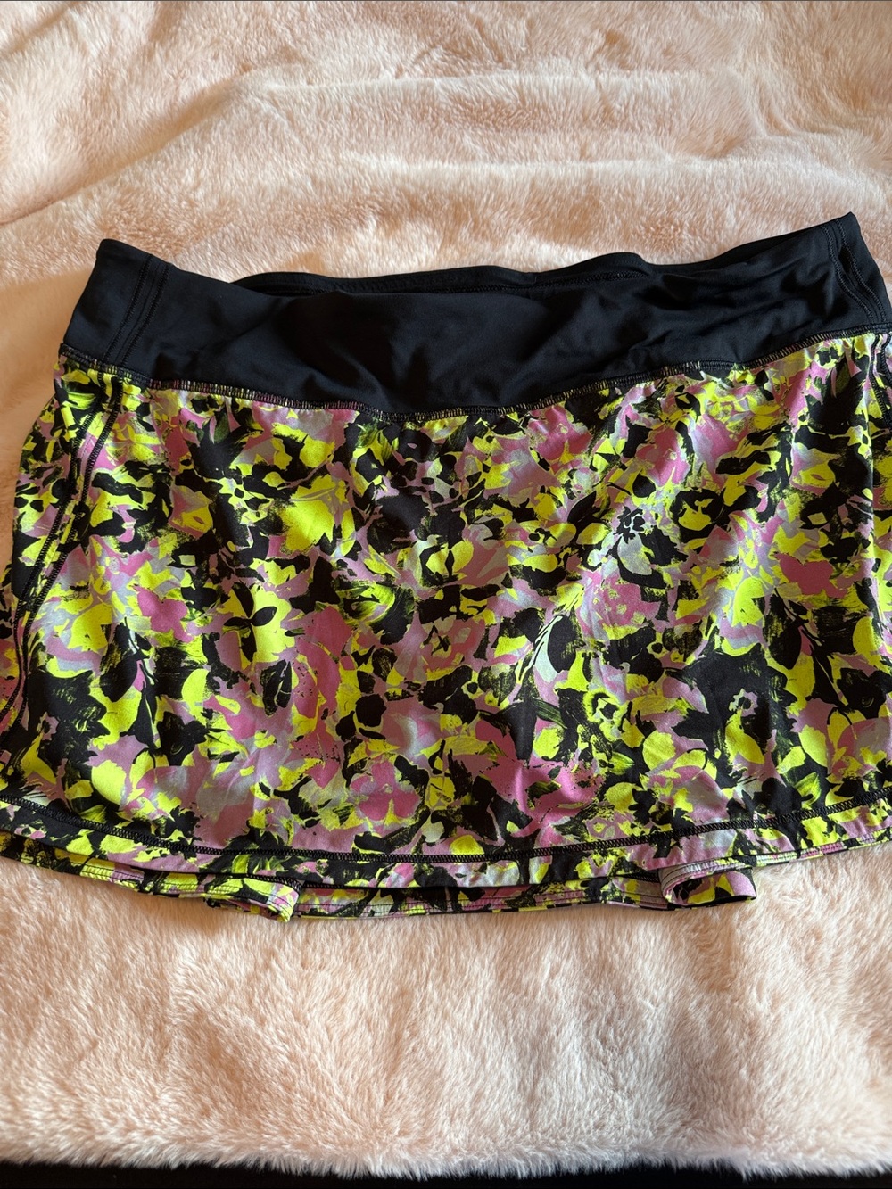 Lululemon Black Floral Active Skirt with Neon Green and Pink Accents